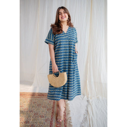 The Indian Ethnic Co. Indigo Ajrakh Cotton Midi Dress