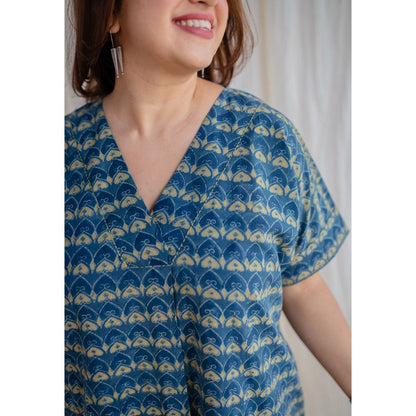 The Indian Ethnic Co. Indigo Ajrakh Cotton Midi Dress