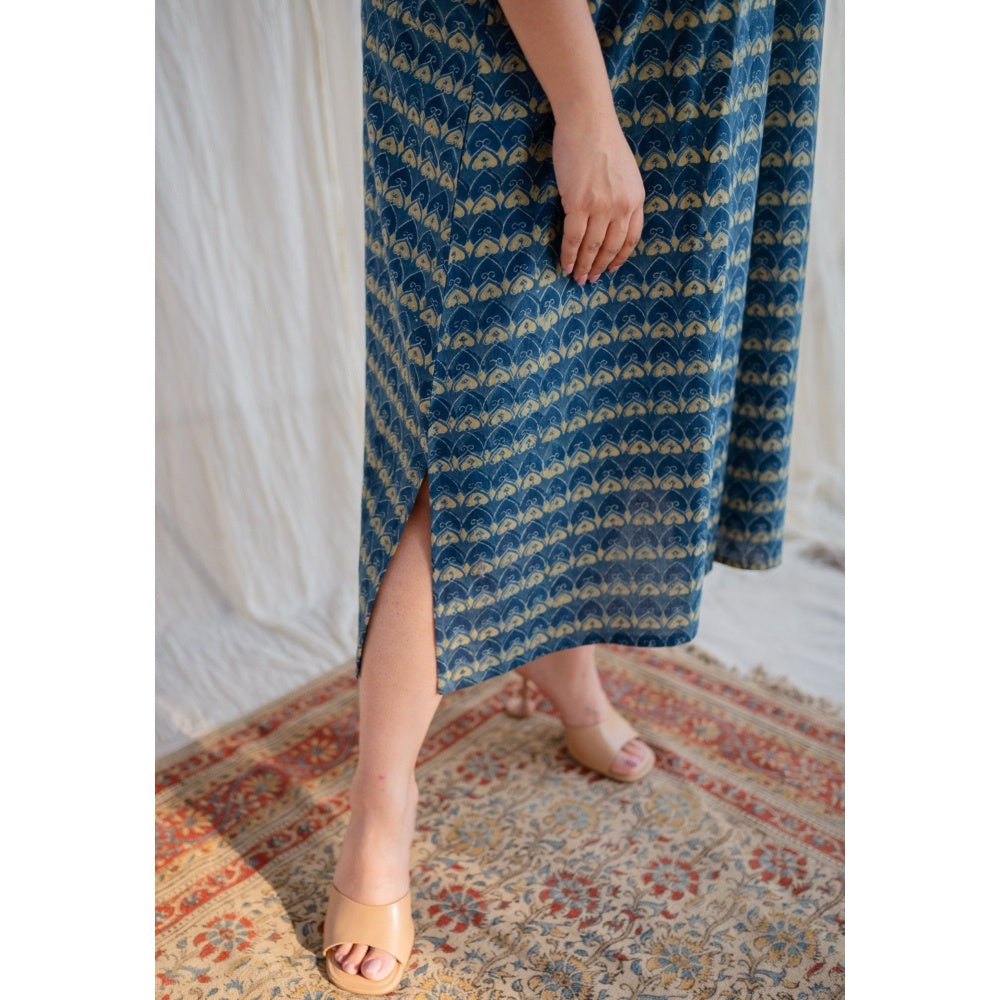 The Indian Ethnic Co. Indigo Ajrakh Cotton Midi Dress