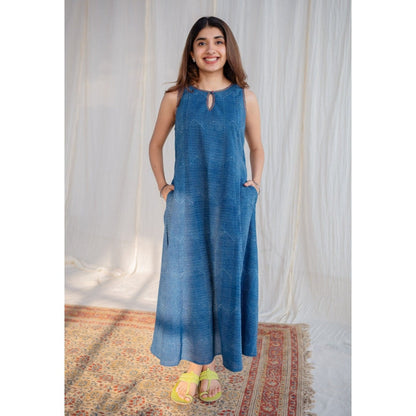 The Indian Ethnic Co. Indigo Dabu Hand Block Printed Cotton Maxi Dress