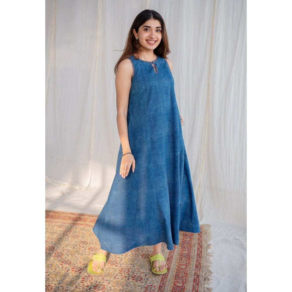 The Indian Ethnic Co. Indigo Dabu Hand Block Printed Cotton Maxi Dress