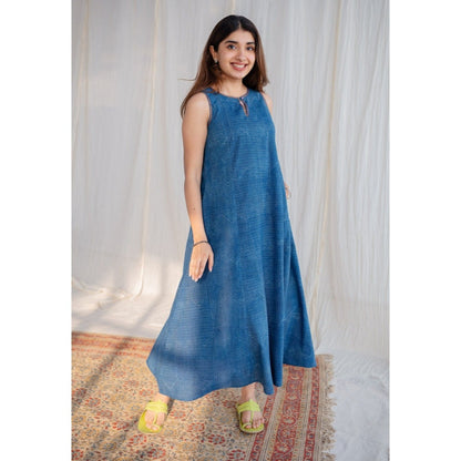 The Indian Ethnic Co. Indigo Dabu Hand Block Printed Cotton Maxi Dress
