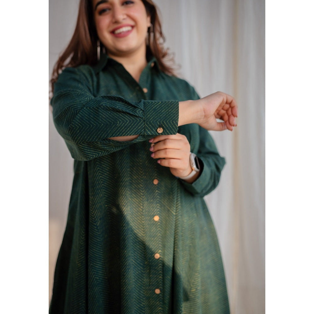 The Indian Ethnic Co. Dark Green Ajrakh Cotton Maxi Dress