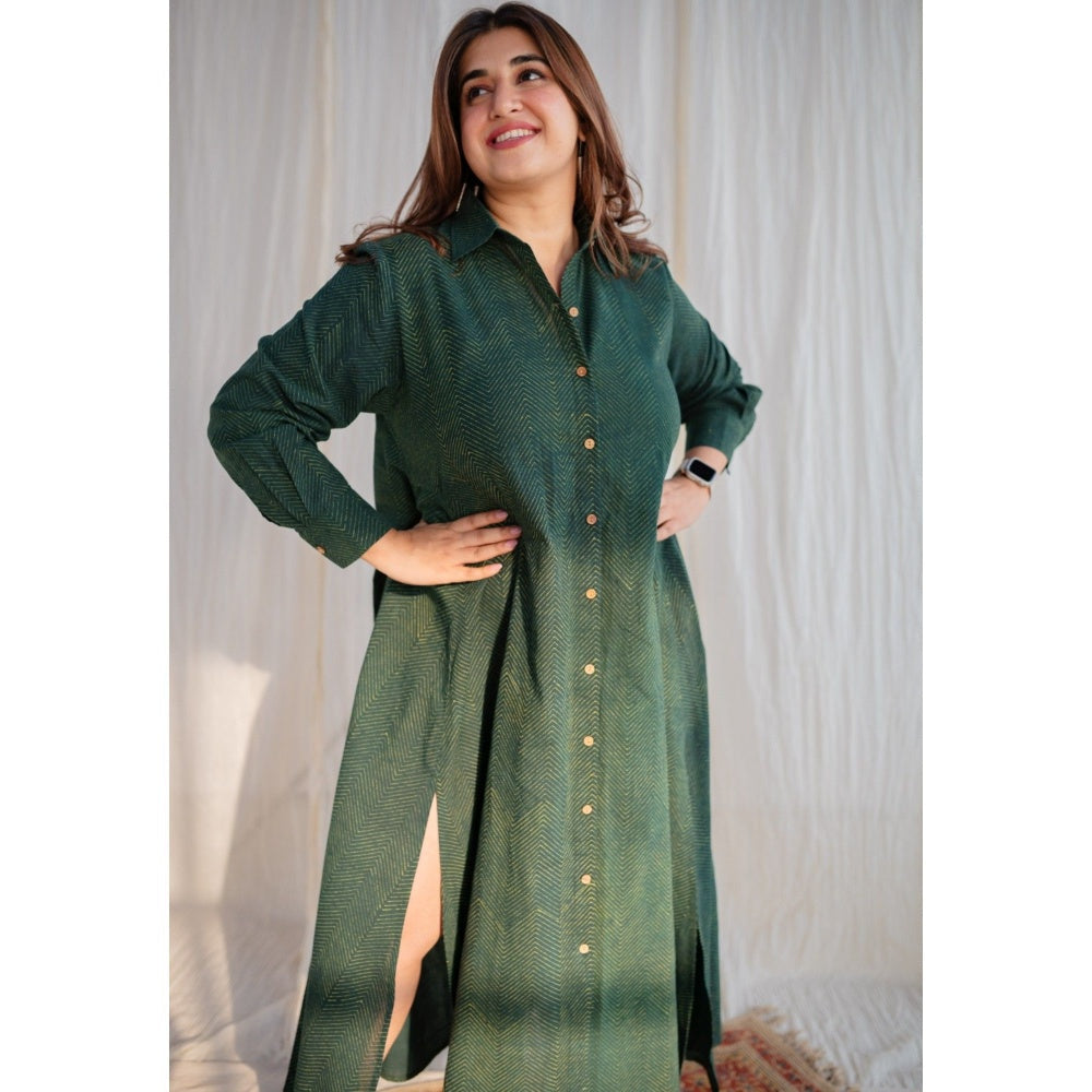 The Indian Ethnic Co. Dark Green Ajrakh Cotton Maxi Dress