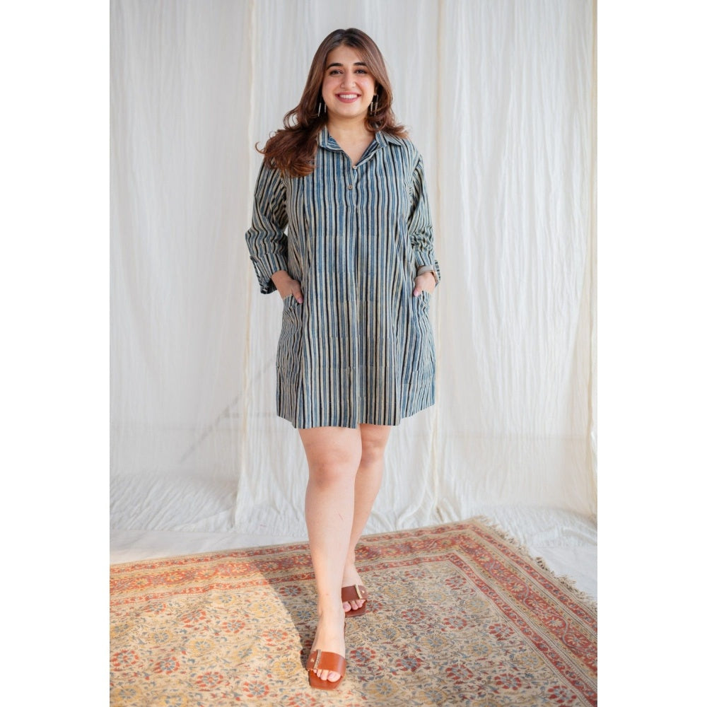The Indian Ethnic Co. Off-White Ajrakh Hand Block Printed Cotton Mini Dress