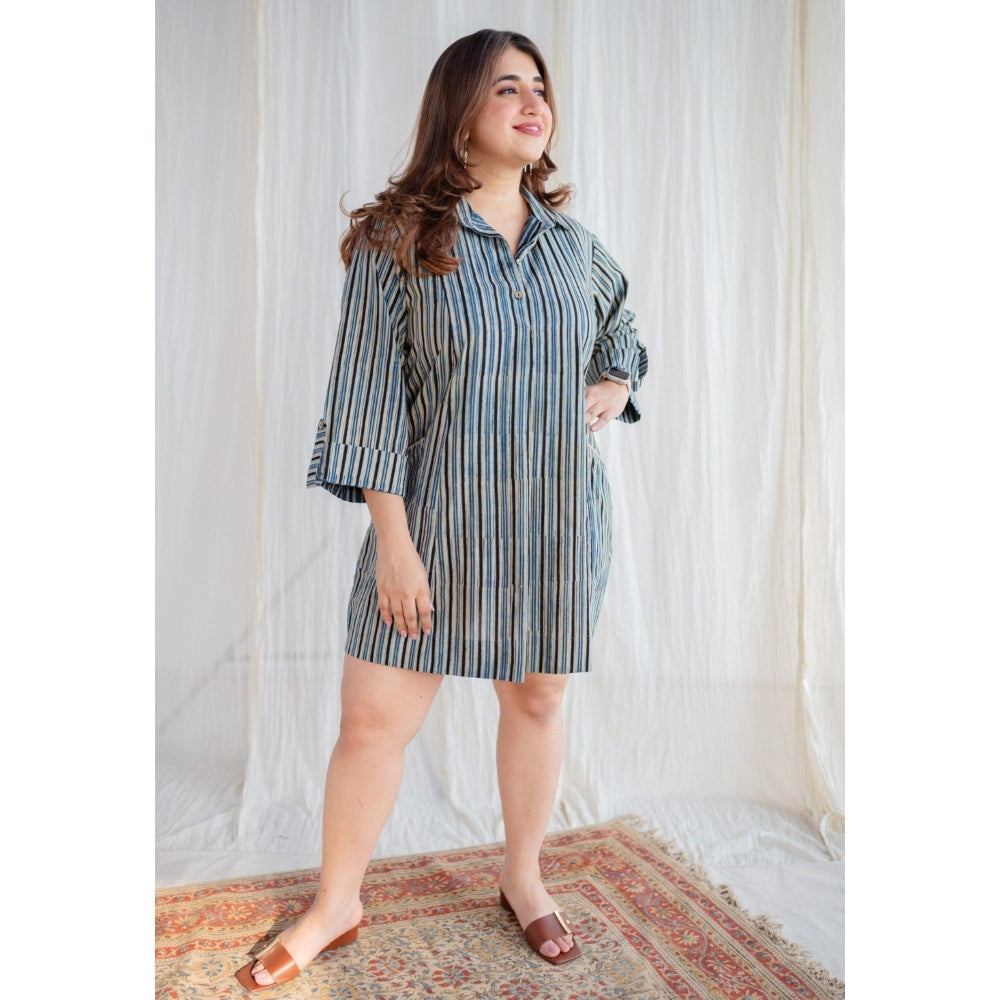The Indian Ethnic Co. Off-White Ajrakh Hand Block Printed Cotton Mini Dress