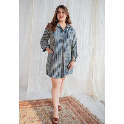 The Indian Ethnic Co. Off-White Ajrakh Hand Block Printed Cotton Mini Dress