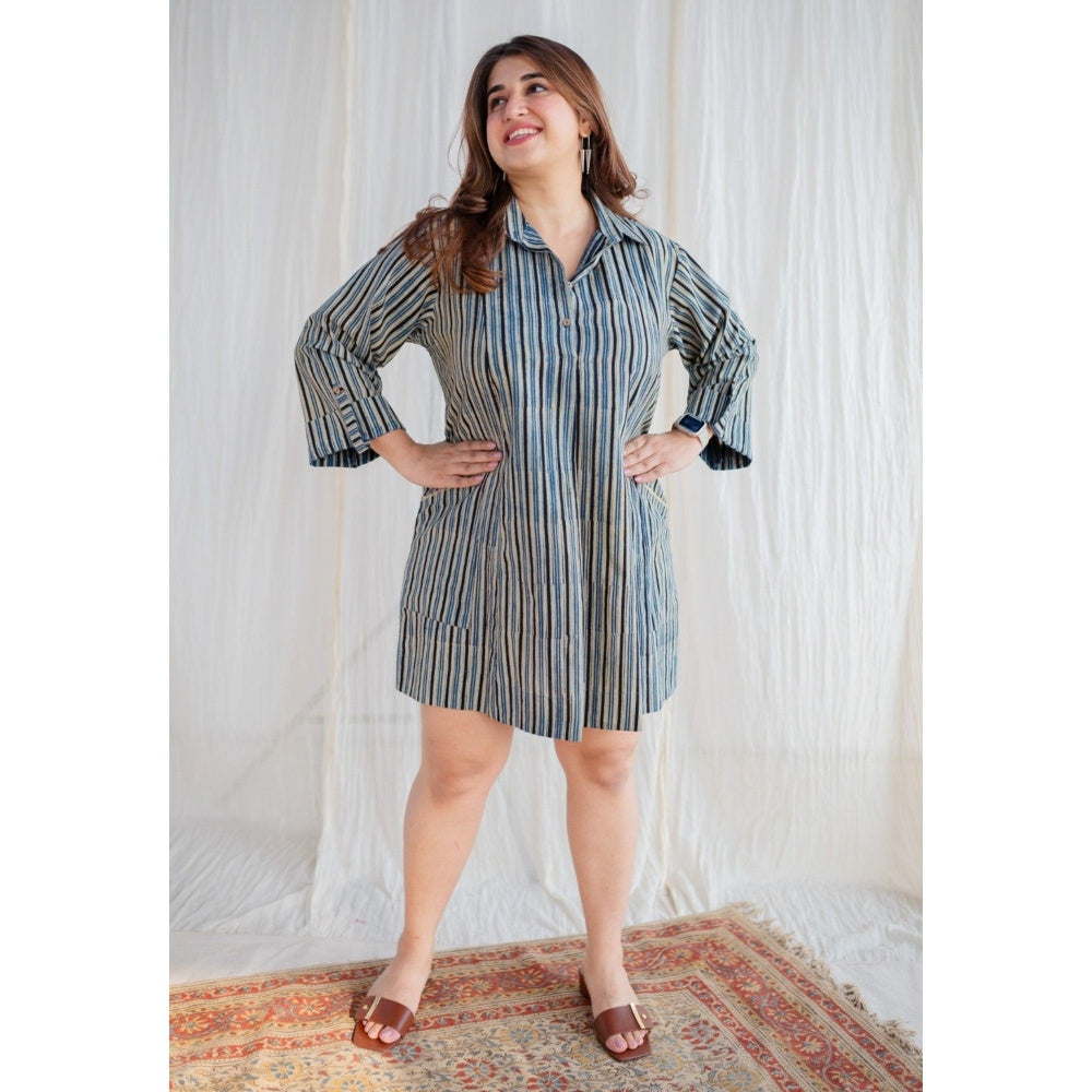 The Indian Ethnic Co. Off-White Ajrakh Hand Block Printed Cotton Mini Dress