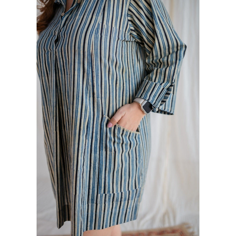 The Indian Ethnic Co. Off-White Ajrakh Hand Block Printed Cotton Mini Dress