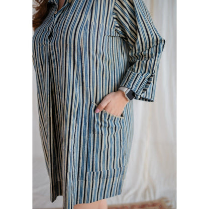 The Indian Ethnic Co. Off-White Ajrakh Hand Block Printed Cotton Mini Dress