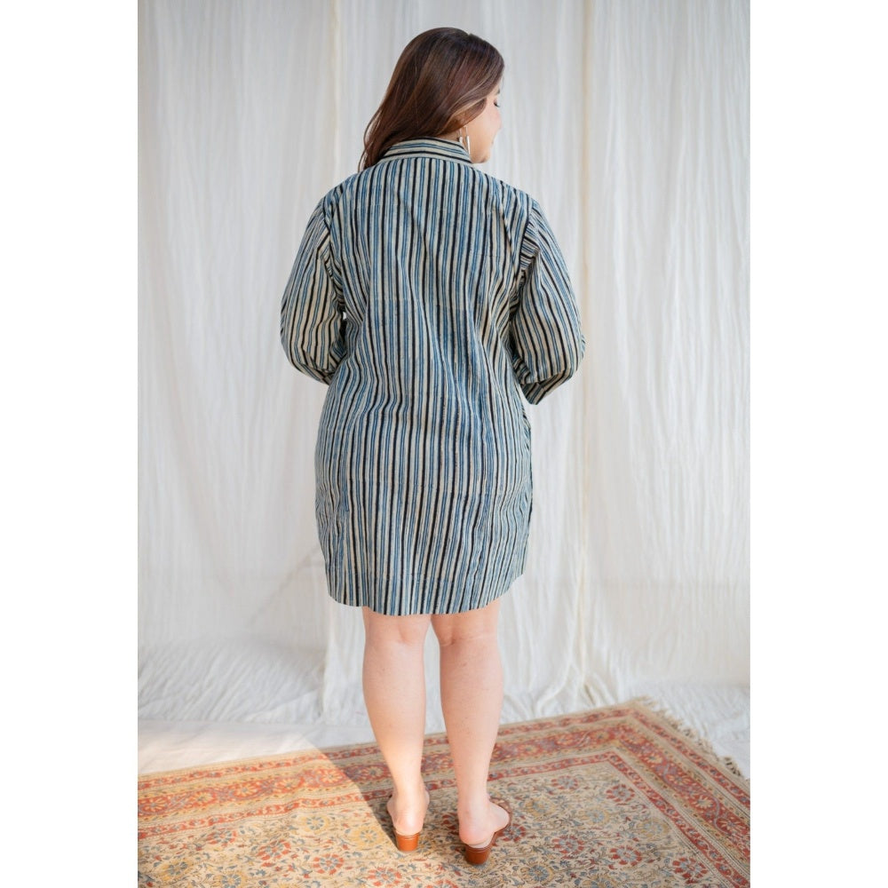 The Indian Ethnic Co. Off-White Ajrakh Hand Block Printed Cotton Mini Dress