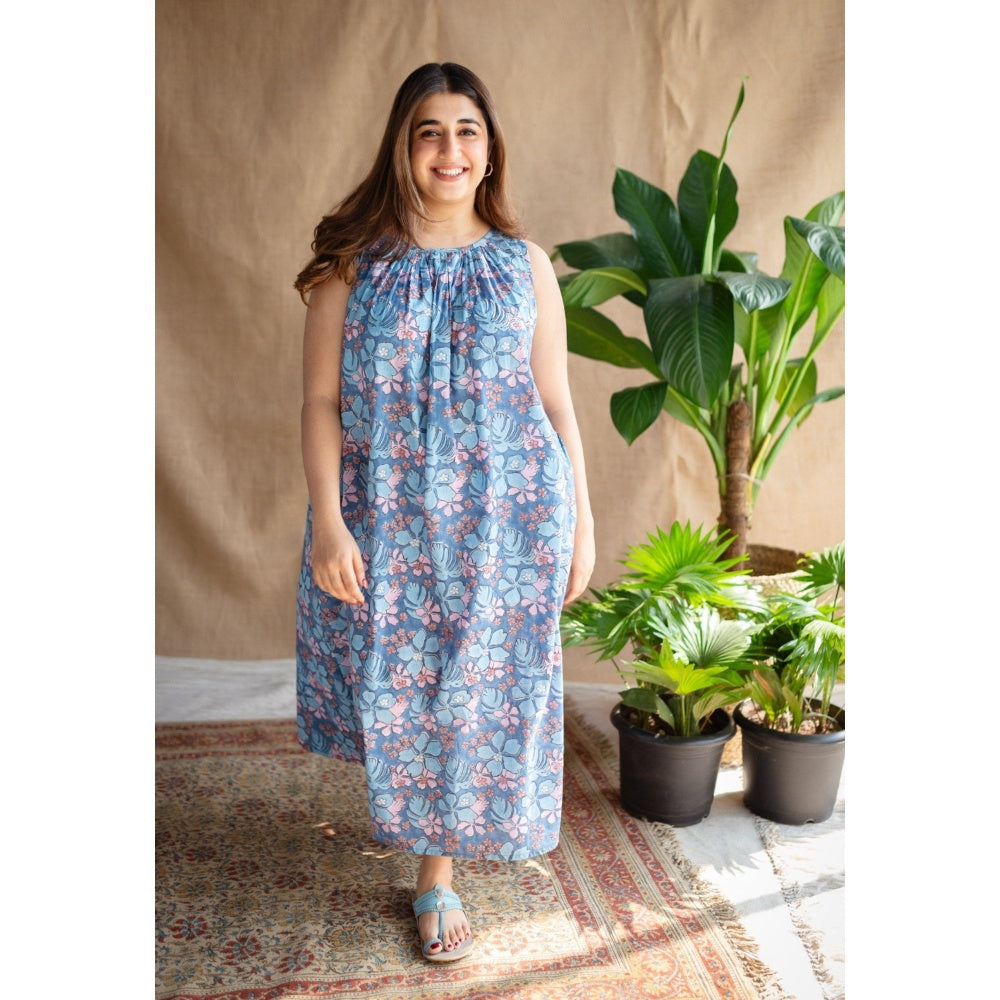 The Indian Ethnic Co. Sanganeri Slub Cotton Maxi Dress for Women
