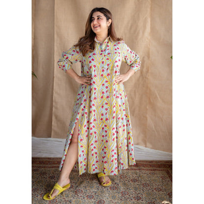 The Indian Ethnic Co. Sanganeri Slub Cotton Maxi Dress for Women