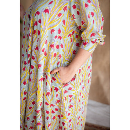 The Indian Ethnic Co. Sanganeri Slub Cotton Maxi Dress for Women