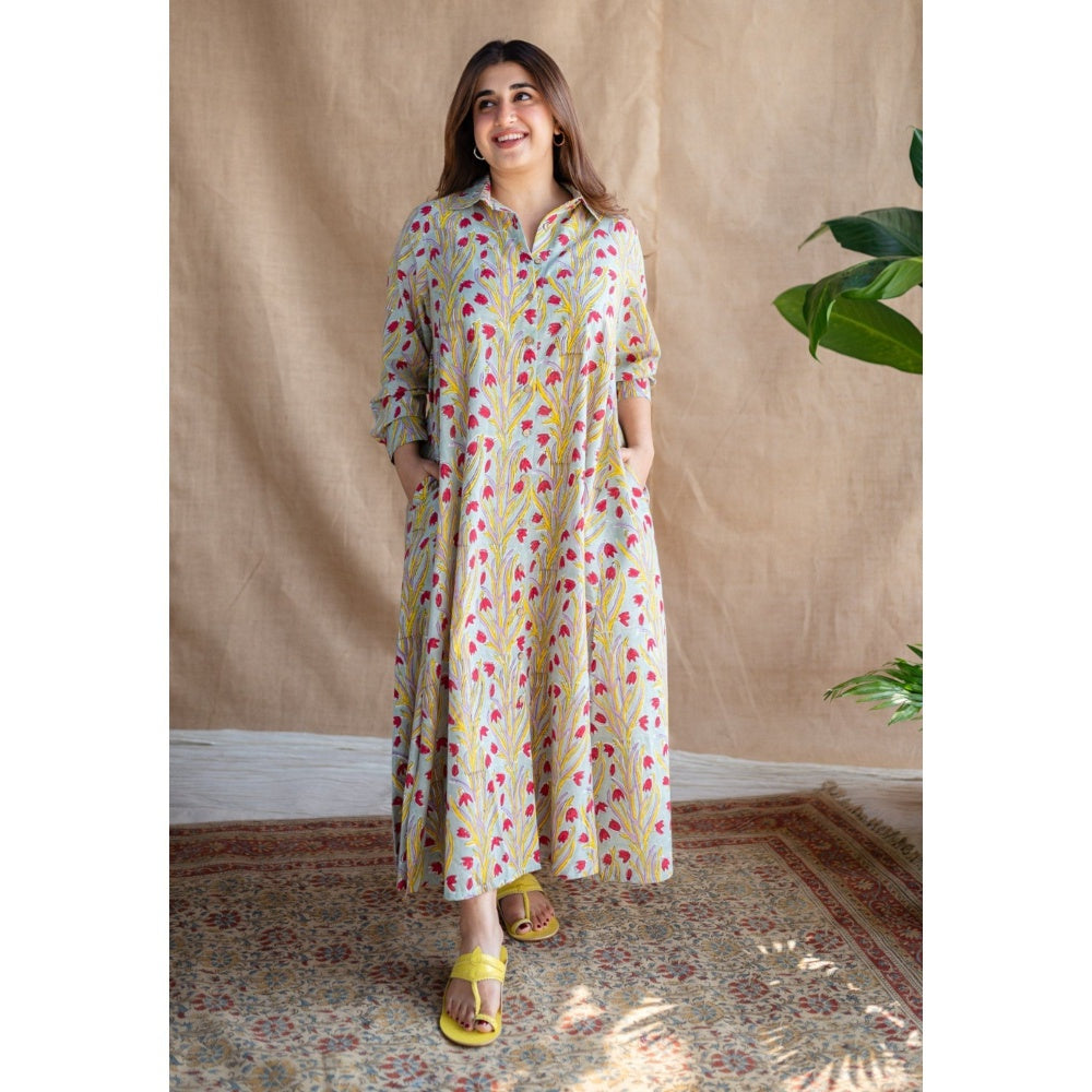 The Indian Ethnic Co. Sanganeri Slub Cotton Maxi Dress for Women