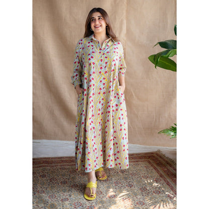 The Indian Ethnic Co. Sanganeri Slub Cotton Maxi Dress for Women