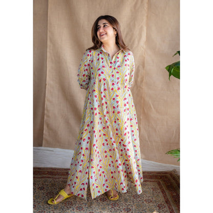 The Indian Ethnic Co. Sanganeri Slub Cotton Maxi Dress for Women
