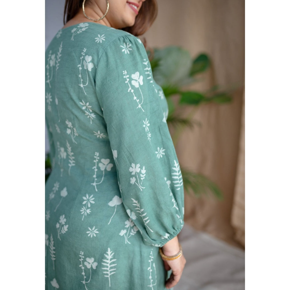 The Indian Ethnic Co. Green Dabu Slub Cotton Dress