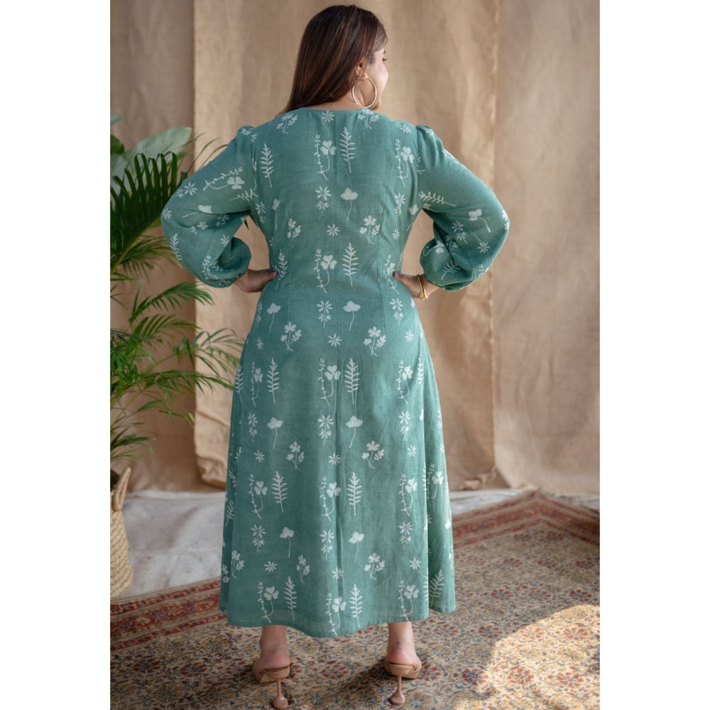 The Indian Ethnic Co. Green Dabu Slub Cotton Dress
