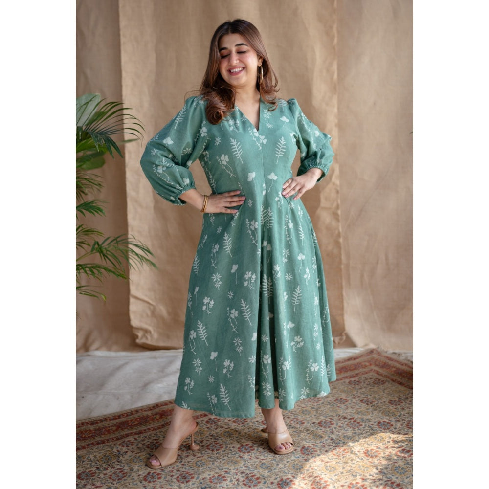 The Indian Ethnic Co. Green Dabu Slub Cotton Dress