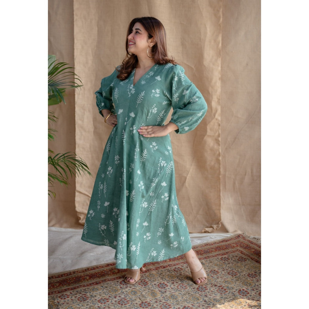 The Indian Ethnic Co. Green Dabu Slub Cotton Dress