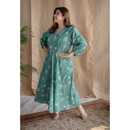 The Indian Ethnic Co. Green Dabu Slub Cotton Dress