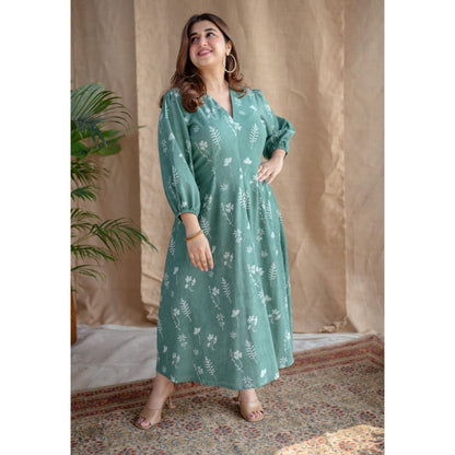 The Indian Ethnic Co. Green Dabu Slub Cotton Dress