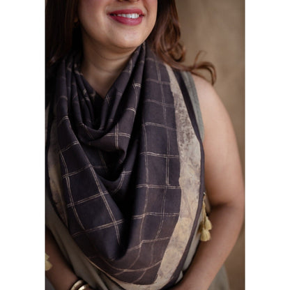 The Indian Ethnic Co. Charcoal Dabu Cotton Checks Scarf