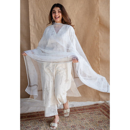 The Indian Ethnic Co. White Dabu Kota Doriya Border Cotton Dupatta