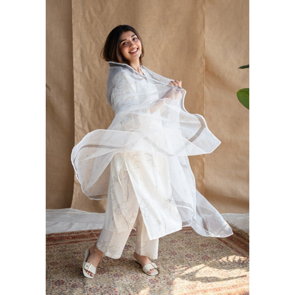 The Indian Ethnic Co. White Dabu Kota Doriya Border Cotton Dupatta