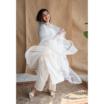 The Indian Ethnic Co. White Dabu Kota Doriya Border Cotton Dupatta