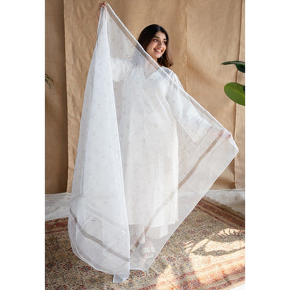 The Indian Ethnic Co. White Dabu Kota Doriya Border Cotton Dupatta