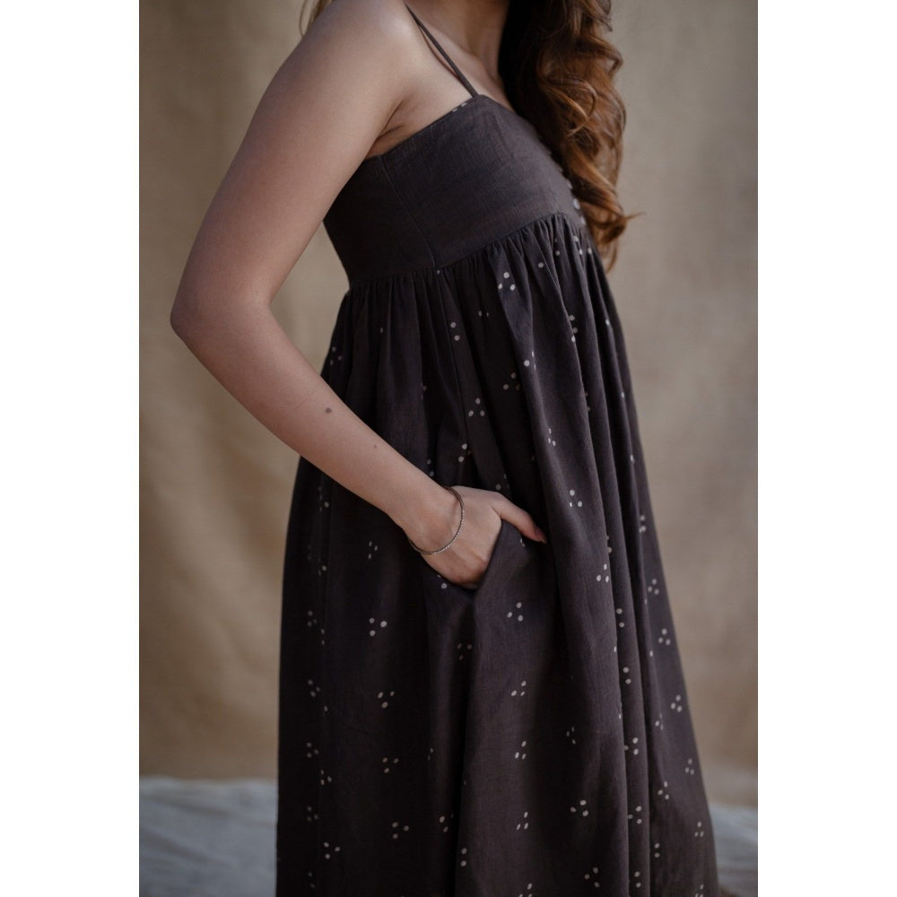 The Indian Ethnic Co. Charcoal Dabu Slub Cotton Dress