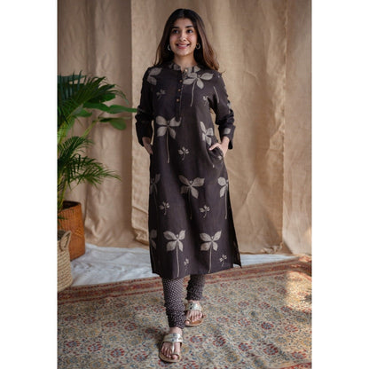 The Indian Ethnic Co. Charcoal Dabu Slub Cotton Kurta