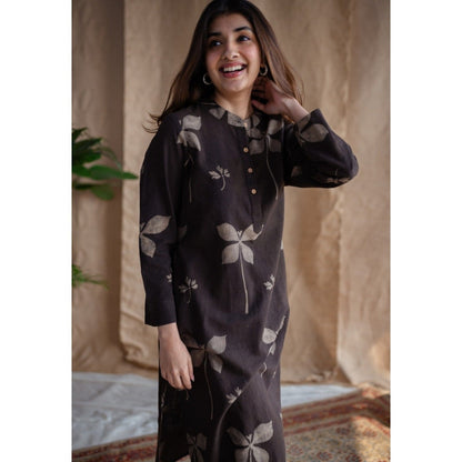 The Indian Ethnic Co. Charcoal Dabu Slub Cotton Kurta
