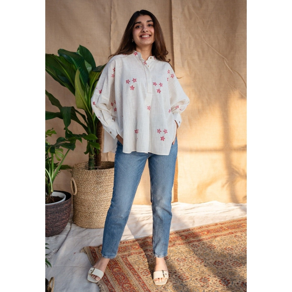 The Indian Ethnic Co. Natural White Dabu Slub Cotton Hand Printed Top