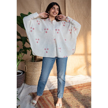 The Indian Ethnic Co. Natural White Dabu Slub Cotton Hand Printed Top