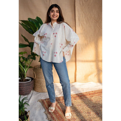 The Indian Ethnic Co. Natural White Dabu Slub Cotton Hand Printed Top