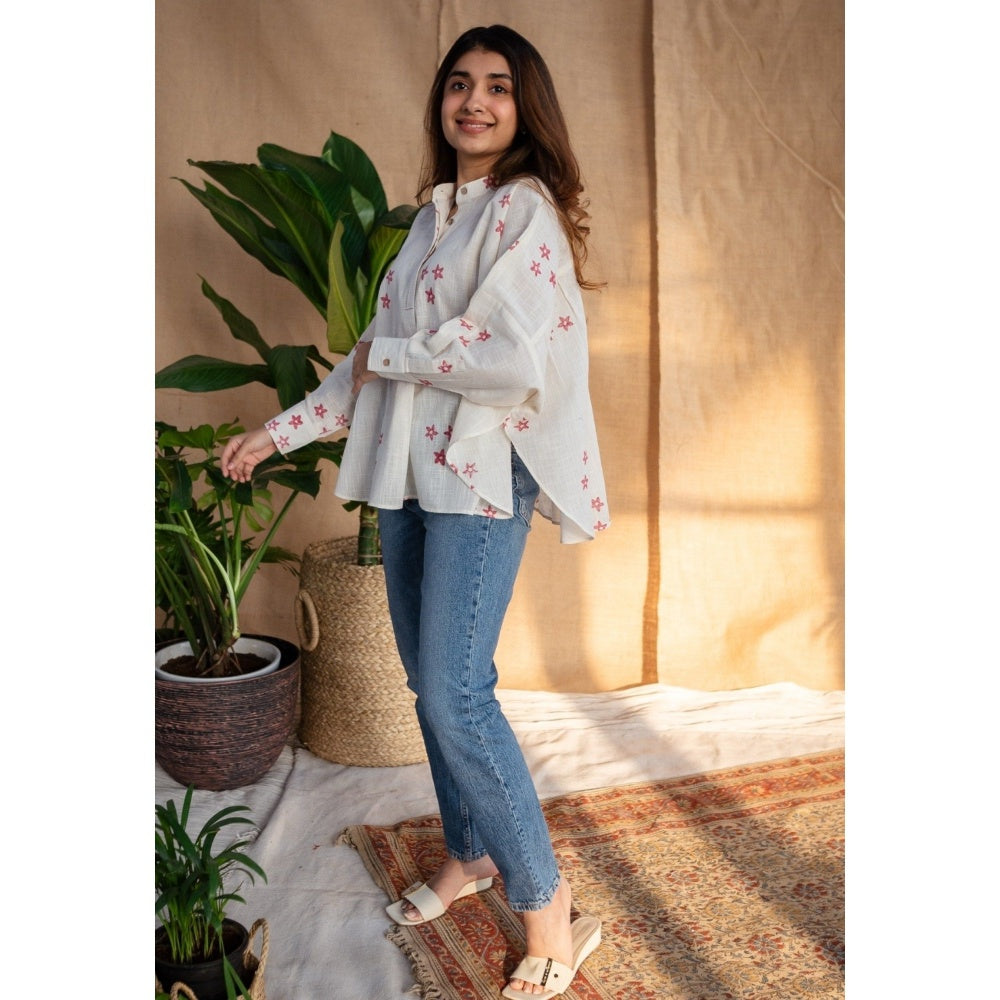 The Indian Ethnic Co. Natural White Dabu Slub Cotton Hand Printed Top