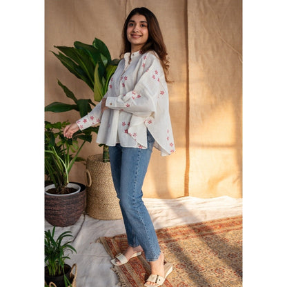 The Indian Ethnic Co. Natural White Dabu Slub Cotton Hand Printed Top