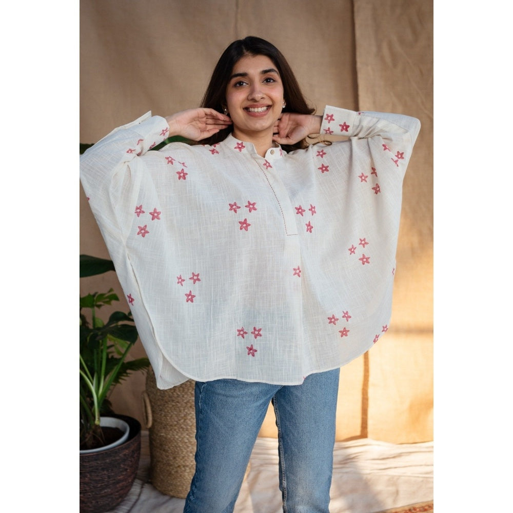 The Indian Ethnic Co. Natural White Dabu Slub Cotton Hand Printed Top