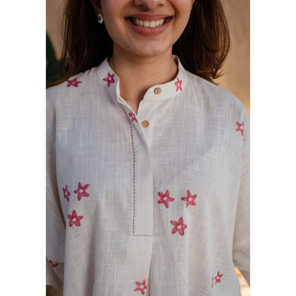 The Indian Ethnic Co. Natural White Dabu Slub Cotton Hand Printed Top