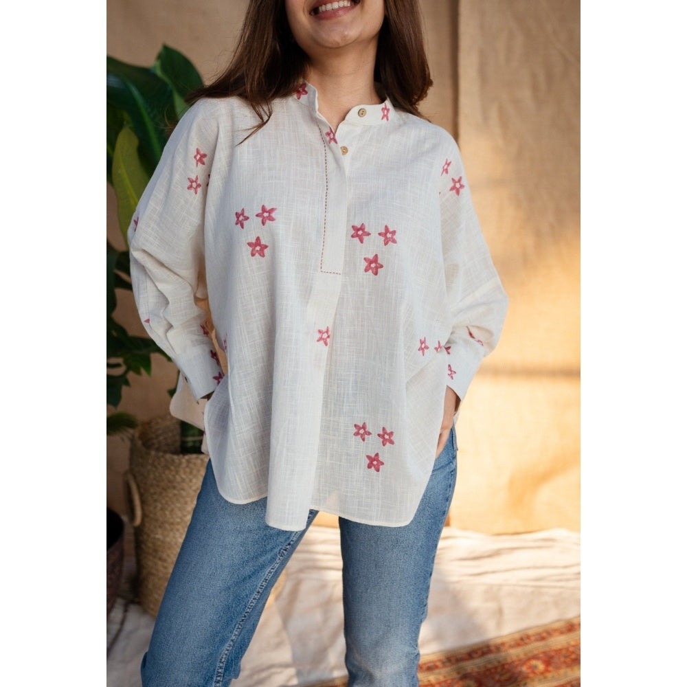 The Indian Ethnic Co. Natural White Dabu Slub Cotton Hand Printed Top