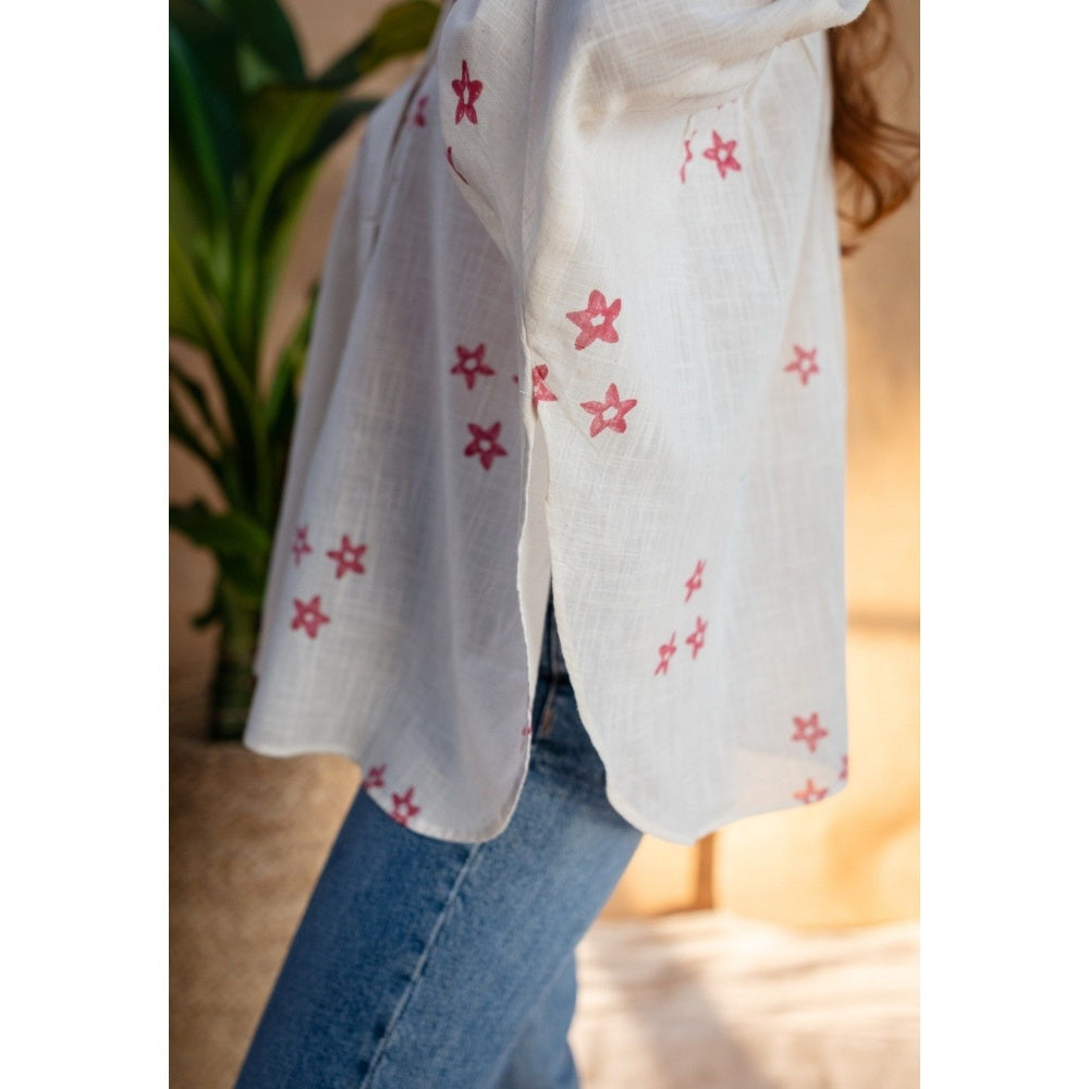 The Indian Ethnic Co. Natural White Dabu Slub Cotton Hand Printed Top