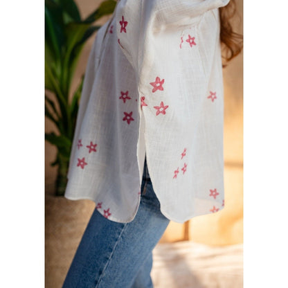 The Indian Ethnic Co. Natural White Dabu Slub Cotton Hand Printed Top