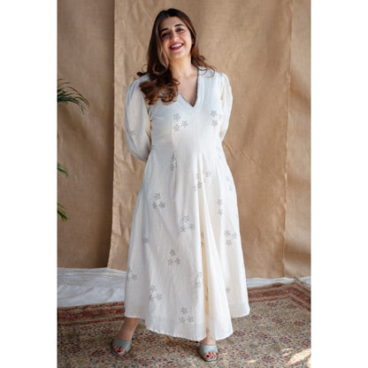 The Indian Ethnic Co. Natural White Dabu Slub Cotton Hand Printed Dress
