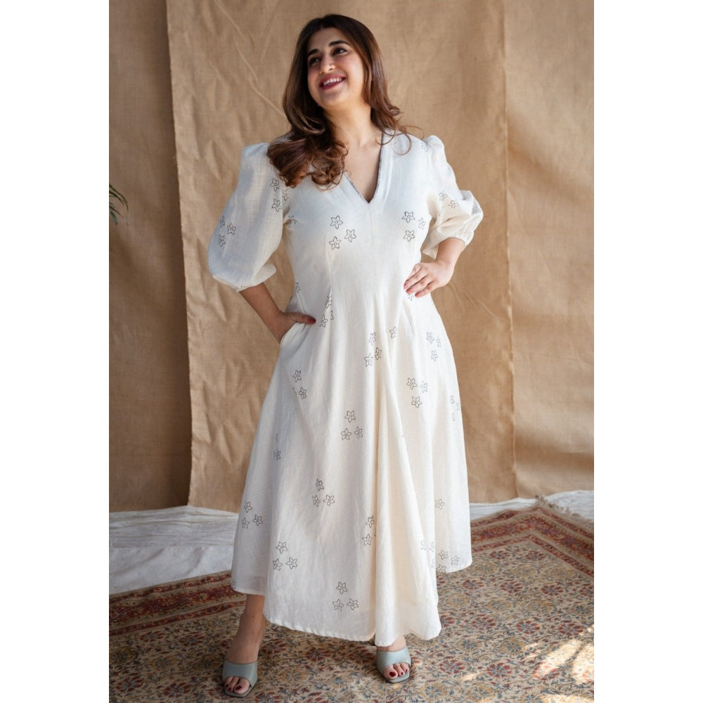 The Indian Ethnic Co. Natural White Dabu Slub Cotton Hand Printed Dress