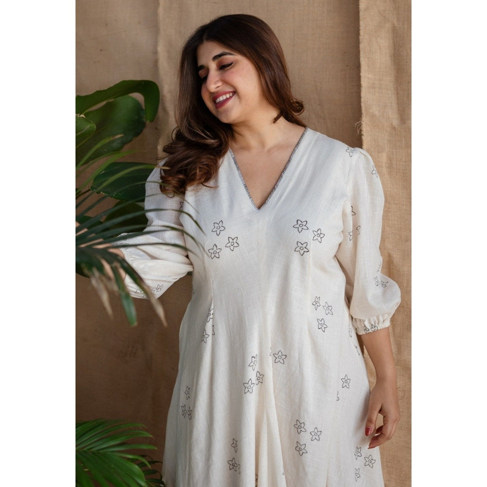 The Indian Ethnic Co. Natural White Dabu Slub Cotton Hand Printed Dress