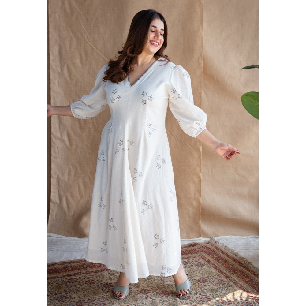 The Indian Ethnic Co. Natural White Dabu Slub Cotton Hand Printed Dress