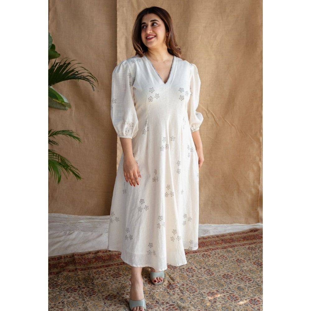 The Indian Ethnic Co. Natural White Dabu Slub Cotton Hand Printed Dress